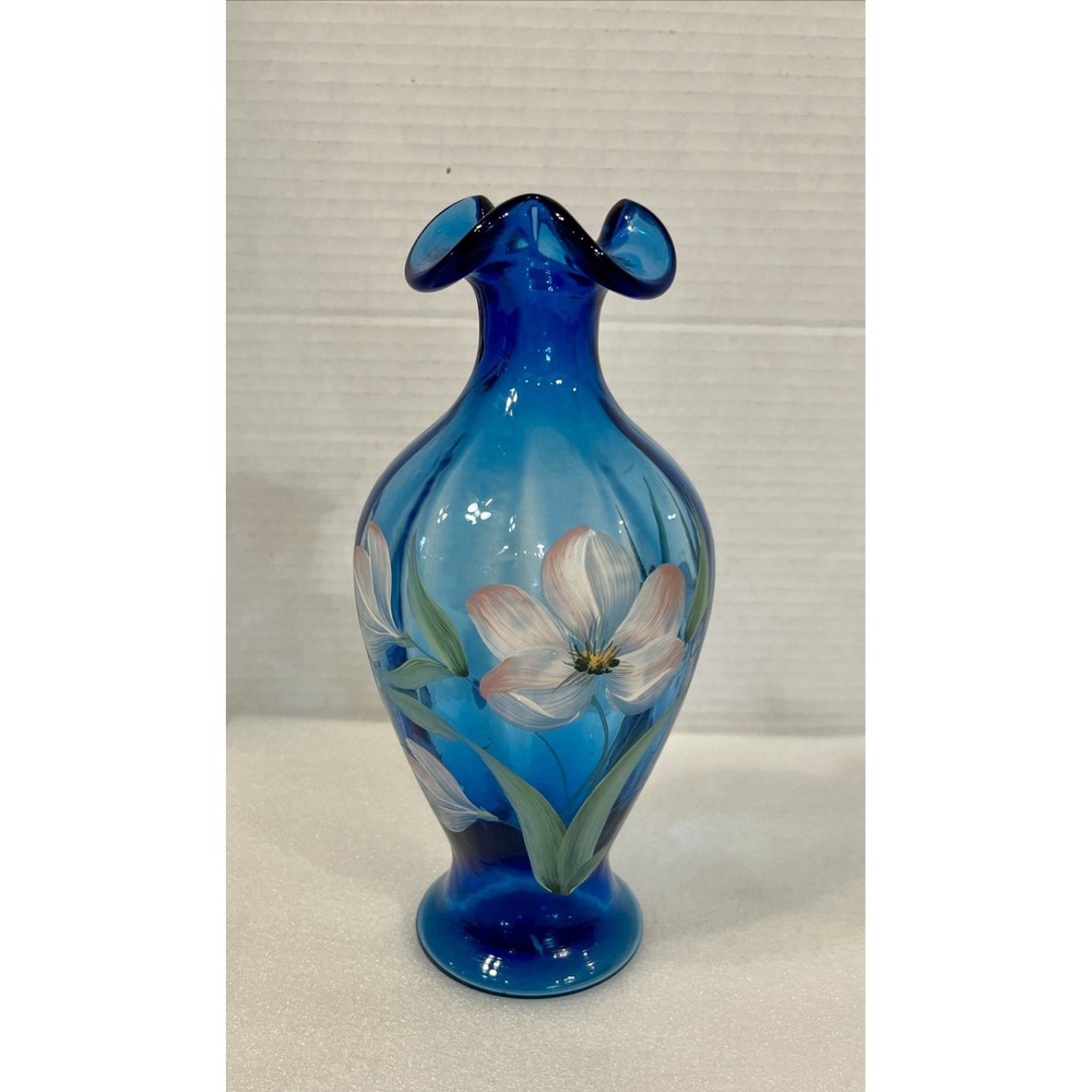 Fenton Twilight Blue Tulips Glass Vase Hand Painted Sign Robert S. Stewart 8"